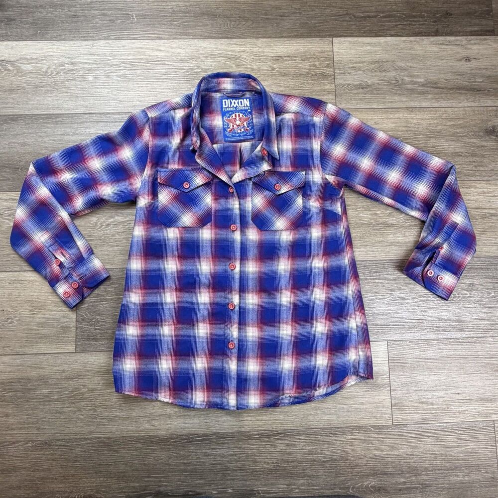 Dixxon Flannel Shirt Mens Large Blue Red Plaid Button Up Long Sleeve Patriotic